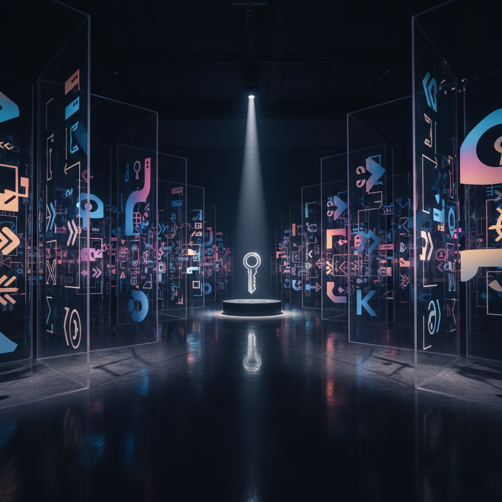 An immersive, dimly lit experiential installation space featuring towering translucent acrylic panels etched with abstract icons, arrows, and key motifs, each panel internally illuminated with shifting gradients of electric blue, magenta, and gold. The polished concrete floor mirrors the glowing graphics, creating layered reflections that stretch into the distance. In the center, a low plinth holds a single chrome key logo, sharply lit from above like a spotlight on a stage. Fine atmospheric haze catches the light beams, amplifying depth. Photographic realism, shot from a low angle looking forward through the panels, with strong leading lines and deep focus. The atmosphere is dramatic, futuristic, and theatrical, representing bold branded experiences and installations.