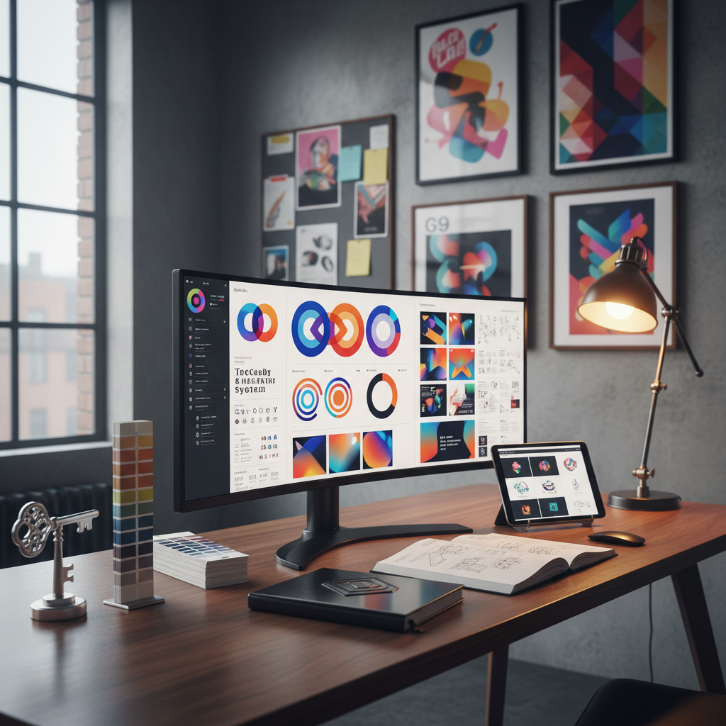 A large ultra-wide computer monitor displaying an intricate, colorful brand system—logos, typography, and vibrant social media layouts—on a clean, dark wood desk. Around it, neatly arranged objects include a metallic key-shaped desk ornament, a stack of vivid Pantone chips, a tablet showing a motion design storyboard, and a glossy black notebook with an embossed geometric emblem. Cool daylight streams in from the left, mixing with a subtle warm desk lamp glow, creating a balanced, cinematic contrast. The backdrop is a textured concrete wall with pinned moodboards and bold graphic posters slightly out of focus. Photographic realism, shot from a slightly elevated angle, shallow depth of field, with a crisp, dynamic atmosphere that communicates strategy, creativity, and precision.