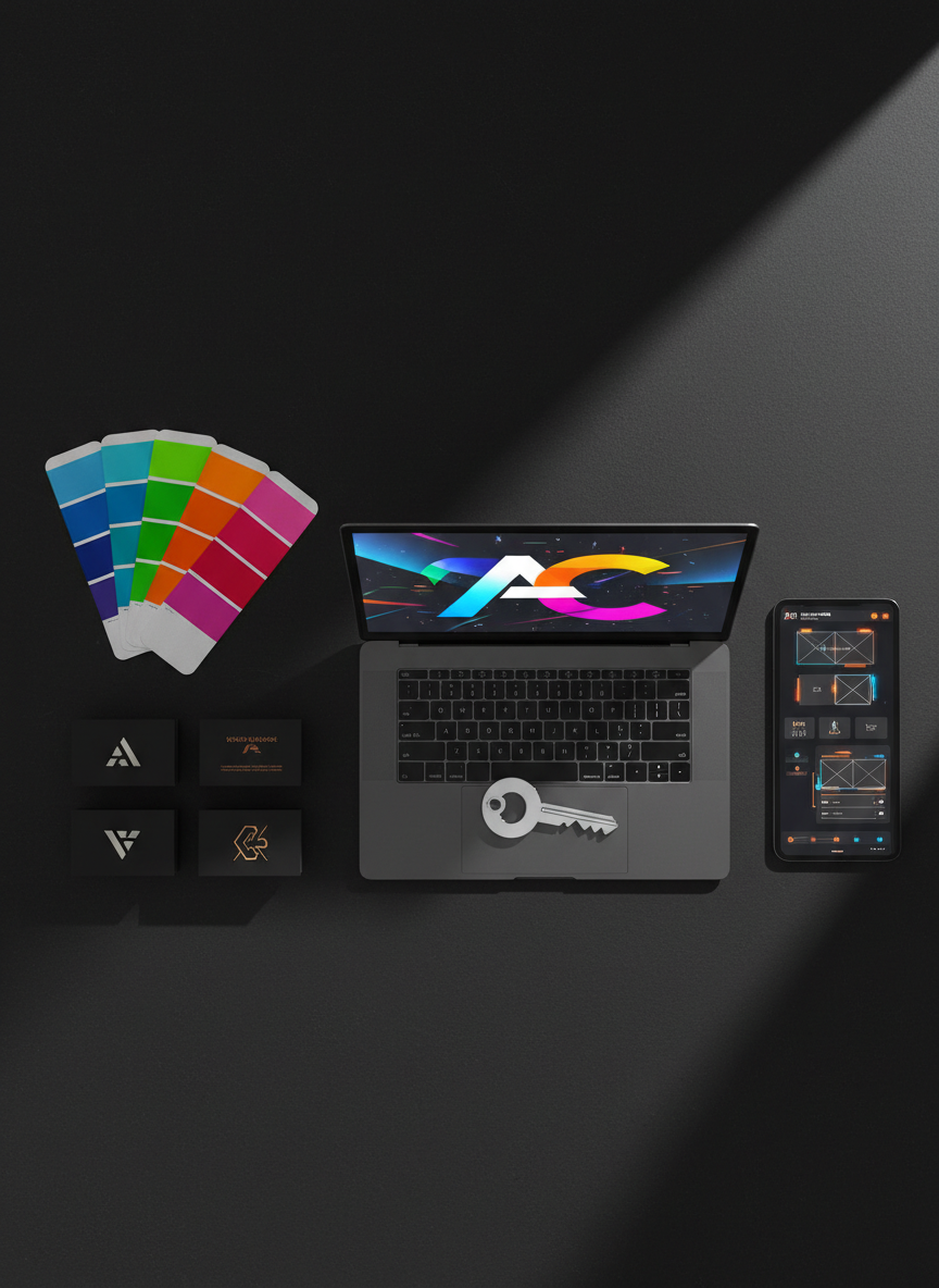 A meticulously arranged flat lay of creative agency tools on a deep charcoal background: a high-end laptop with a dynamic brand campaign on screen, a mirror-finish chrome key icon resting on top, oversized color swatch books opened to intense neons, sleek black business cards with foil-stamped logos, and a tablet showing interactive wireframes. A thin beam of directional studio lighting cuts diagonally across the scene, creating sharp highlights on metallic surfaces and plunging some items into rich shadow. The mood is bold and high-impact, with saturated brand colors popping against the dark ground. Photographic realism, overhead bird’s-eye composition, carefully spaced objects creating a sense of precision, innovation, and organized creative chaos.