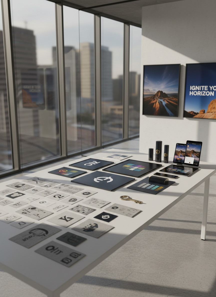 A minimalist white conference table in a glass-walled studio, covered with a precisely arranged progression of a brand’s transformation: on the left, rough monochrome logo explorations printed on uncoated paper; in the center, refined full-color identity boards; on the right, polished product packaging, illuminated screen mockups, and bold outdoor billboard visuals. A small metallic key emblem sits at the transition point between concept and execution, symbolizing the agency’s role. Late afternoon natural light pours through floor-to-ceiling windows, creating long angular shadows and subtle reflections on the glass and glossy prints. Photographic realism, shot from a slightly elevated three-quarter angle with moderate depth of field, conveying momentum, clarity, and the journey from idea to impactful market presence.